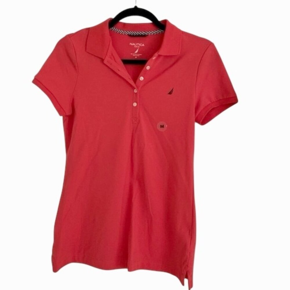 Nautica Slim Fit Womens Red Polo Top- Short Sleeve Collared Shirt- Med- NWT